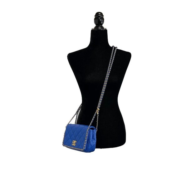 Chanel Mini Chain Around Multi Chain Full Flap Bag Quilted Caviar 22B Blue - Picture 3 of 16